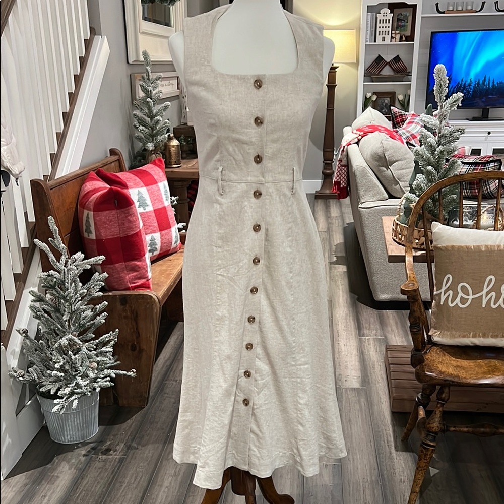 Elegant Beige Button-Down Dress-Linen